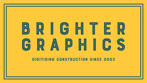 Brighter Graphics Logo: Deep yellow background, with a teal coloured double line rectangle near the inside edges. Teal coloured text saying Brighter Graphics, followed underneath in smaller size - Digitising Construction since 2003.
